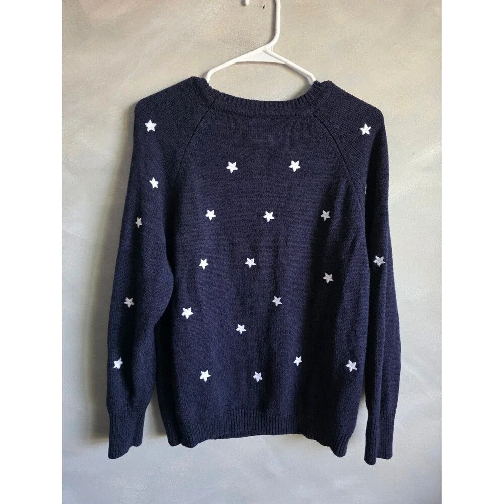 Navy Blue White Star Embroidered Cotton Blend Crewneck Sweater Sz M
